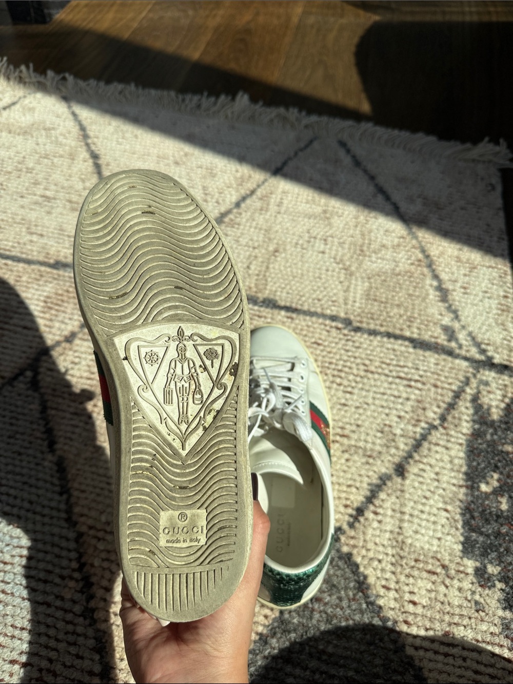 Gucci White Leather Sneakers with Green & Red Stripe and Gold Bee - Picture 6 of 7